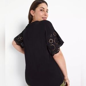 Lane Bryant Black Eyelet Sleeve Crew Neck Women's Top, 14/16